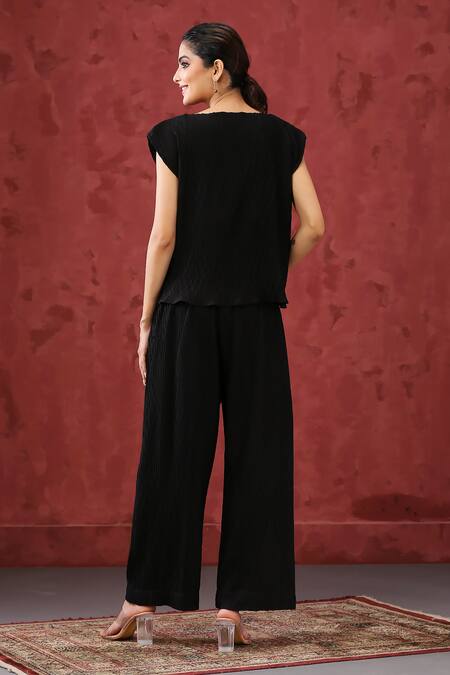 Shop_Minaki_Black Viscose Embroidery Round Neck Geometric Pattern Top And Pant Set_at_Aza_Fashions