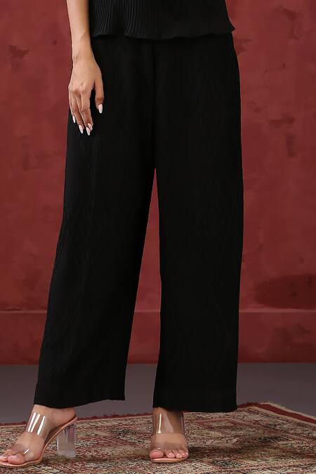 Minaki_Black Viscose Embroidery Round Neck Geometric Pattern Top And Pant Set_Online_at_Aza_Fashions