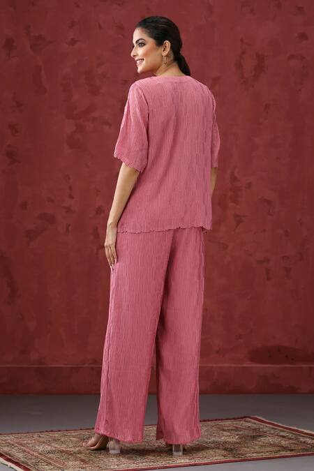 Shop_Minaki_Pink Georgette, Cotton Round Neck Slit Sleeve Top With Pant _at_Aza_Fashions