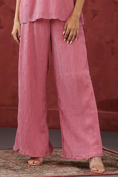 Minaki_Pink Georgette, Cotton Round Neck Slit Sleeve Top With Pant _Online_at_Aza_Fashions