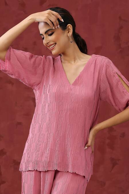 Buy_Minaki_Pink Georgette, Cotton Round Neck Slit Sleeve Top With Pant _Online_at_Aza_Fashions