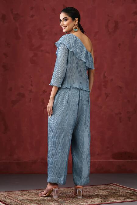Shop_Minaki_Blue Cotton, Organza Embroidery One Shoulder Ruffle Top With Pant _at_Aza_Fashions