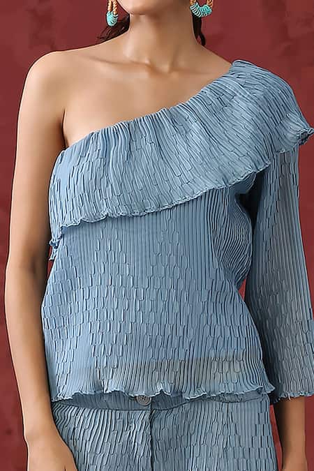Minaki_Blue Cotton, Organza Embroidery One Shoulder Ruffle Top With Pant _Online_at_Aza_Fashions