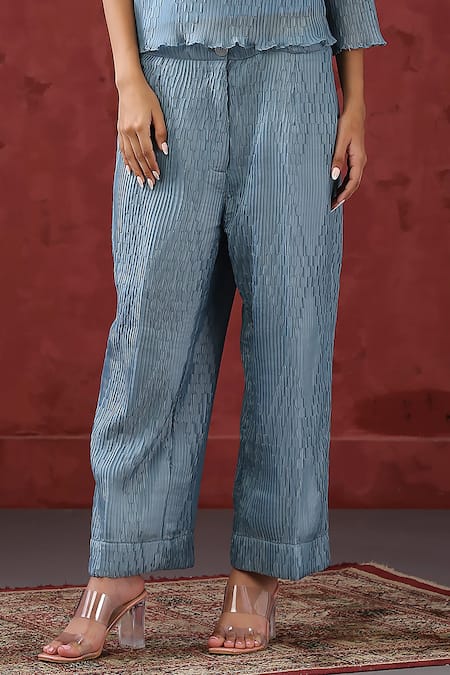 Buy_Minaki_Blue Cotton, Organza Embroidery One Shoulder Ruffle Top With Pant _Online_at_Aza_Fashions