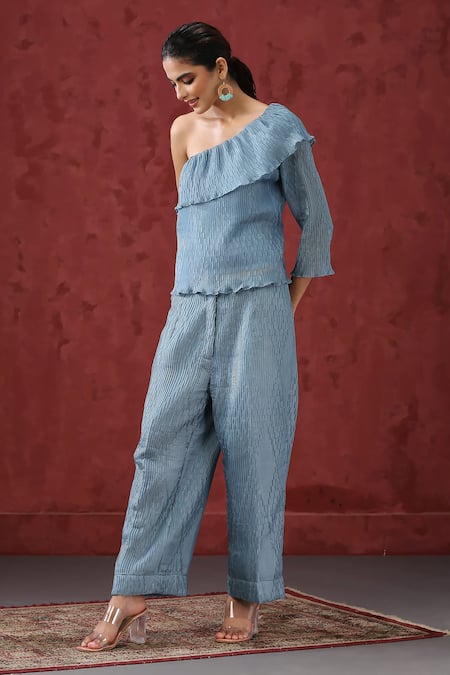 Shop_Minaki_Blue Cotton, Organza Embroidery One Shoulder Ruffle Top With Pant _Online_at_Aza_Fashions