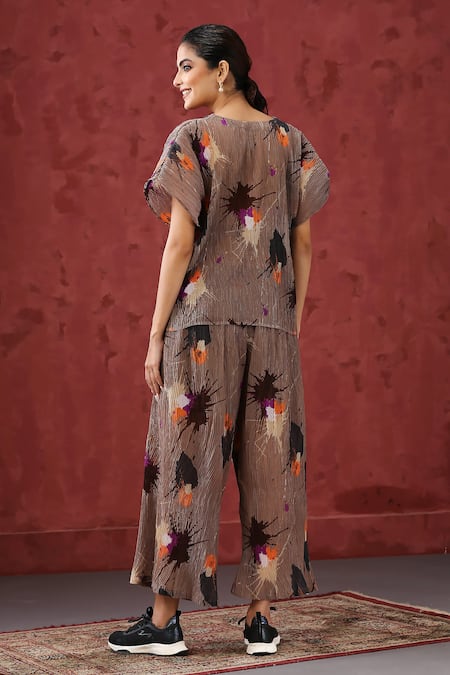 Shop_Minaki_Brown Georgette, Cotton V-neck Floral Print Top With Pant _at_Aza_Fashions