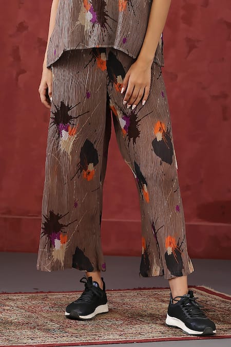Buy_Minaki_Brown Georgette, Cotton V-neck Floral Print Top With Pant _Online_at_Aza_Fashions