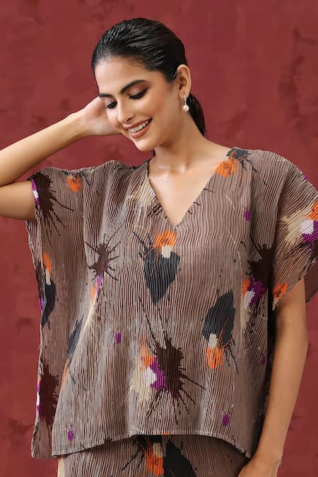 Shop_Minaki_Brown Georgette, Cotton V-neck Floral Print Top With Pant _Online_at_Aza_Fashions