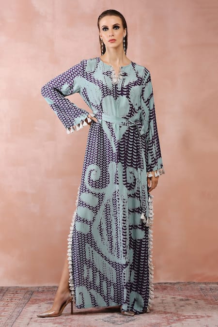 PS Pret by Payal Singhal Blue Crepe Printed Uzbek Notched Kaftan 