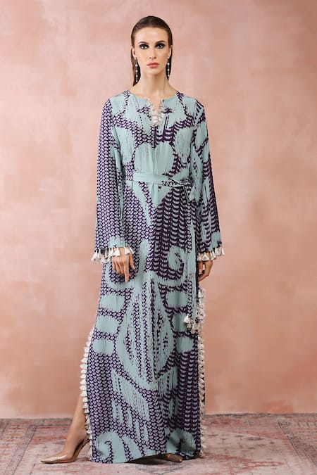 Buy_PS Pret By Payal Singhal_Blue Crepe Printed Uzbek Notched Kaftan _Online_at_Aza_Fashions