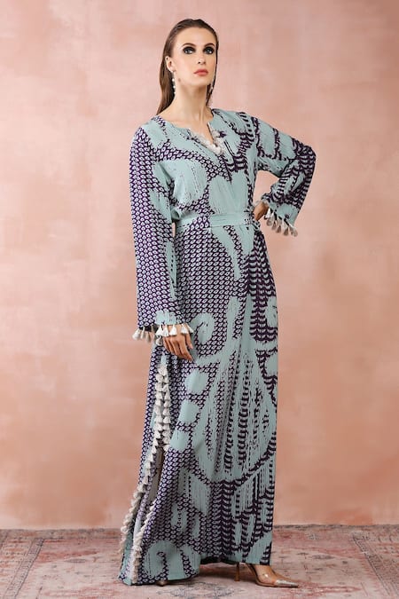 Shop_PS Pret By Payal Singhal_Blue Crepe Printed Uzbek Notched Kaftan _Online_at_Aza_Fashions