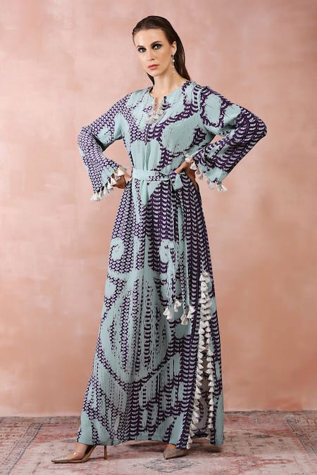 PS Pret By Payal Singhal_Blue Crepe Printed Uzbek Notched Kaftan _at_Aza_Fashions