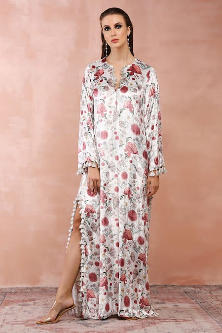 PS Pret by Payal Singhal White Velvet Printed Gulbaugh Notched Kaftan 