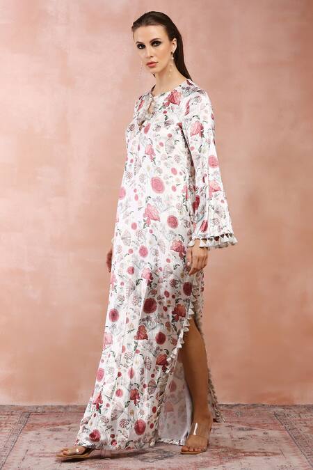 Buy_PS Pret By Payal Singhal_White Velvet Tassels Split V-neck Gulbagh Print Kaftan _Online_at_Aza_Fashions