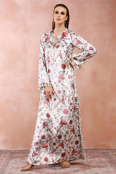 Shop_PS Pret By Payal Singhal_White Velvet Tassels Split V-neck Gulbagh Print Kaftan _Online_at_Aza_Fashions