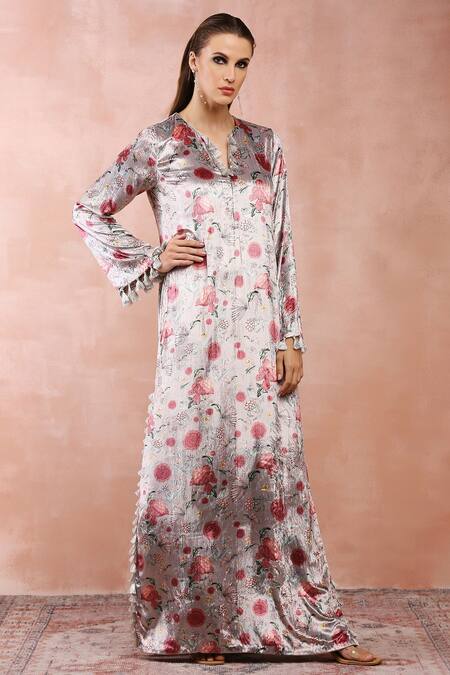 PS Pret By Payal Singhal_Grey Velvet Tassels Button-down Neck Gulbagh Print Kaftan_Online_at_Aza_Fashions