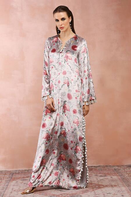 Buy_PS Pret By Payal Singhal_Grey Velvet Tassels Button-down Neck Gulbagh Print Kaftan_Online_at_Aza_Fashions