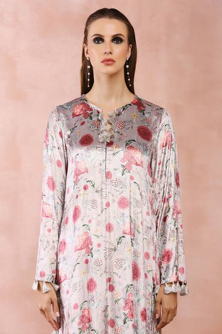 Shop_PS Pret By Payal Singhal_Grey Velvet Tassels Button-down Neck Gulbagh Print Kaftan_Online_at_Aza_Fashions