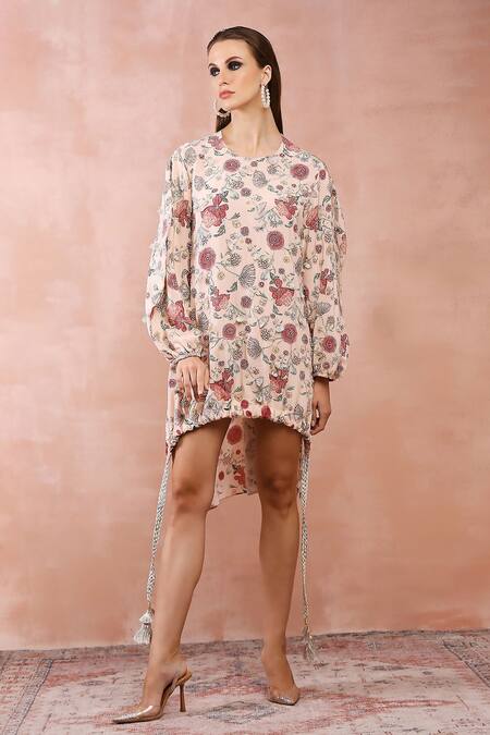 Buy Pink Crepe Printed Enchanted Round Asymmetric Elasticated Hem Long Top  For Women by PS Pret by Payal Singhal Online at Aza Fashions.