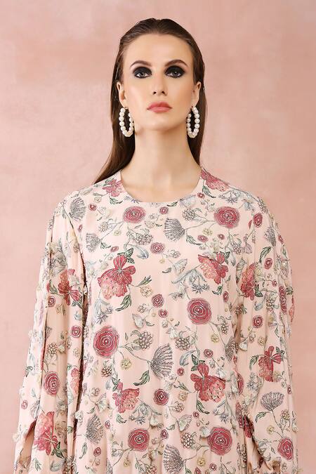 Buy_PS Pret By Payal Singhal_Pink Crepe Printed Gulbagh Round Asymmetric Top_Online_at_Aza_Fashions