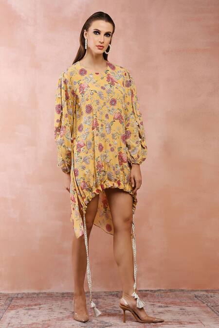 PS Pret By Payal Singhal_Yellow Crepe Printed Gulbagh Round Asymmetric Balloon Top_Online_at_Aza_Fashions