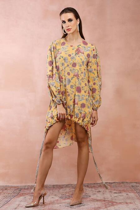 Buy_PS Pret By Payal Singhal_Yellow Crepe Printed Gulbagh Round Asymmetric Balloon Top_Online_at_Aza_Fashions