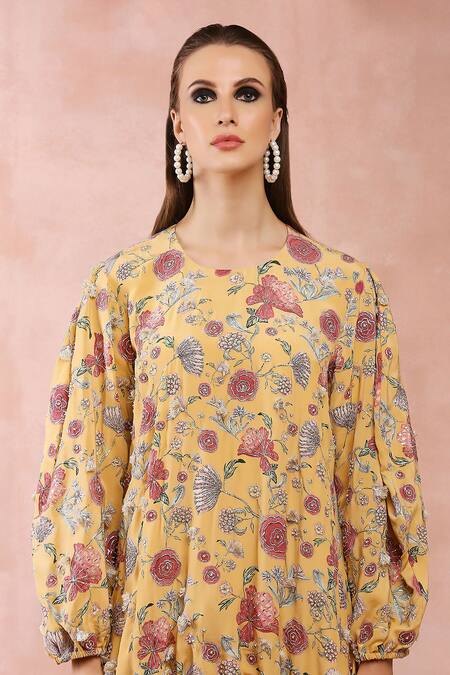 PS Pret By Payal Singhal_Yellow Crepe Printed Gulbagh Round Asymmetric Balloon Top_at_Aza_Fashions