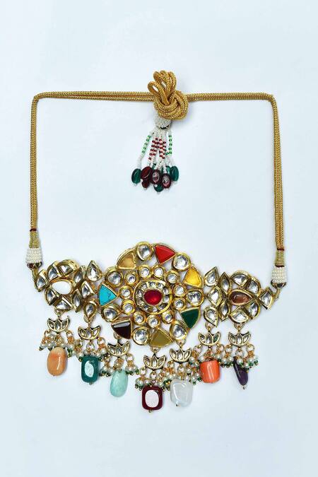 Auraa Trends_Multi Color Embellished Kundan Navratna Choker Necklace Set_Online_at_Aza_Fashions