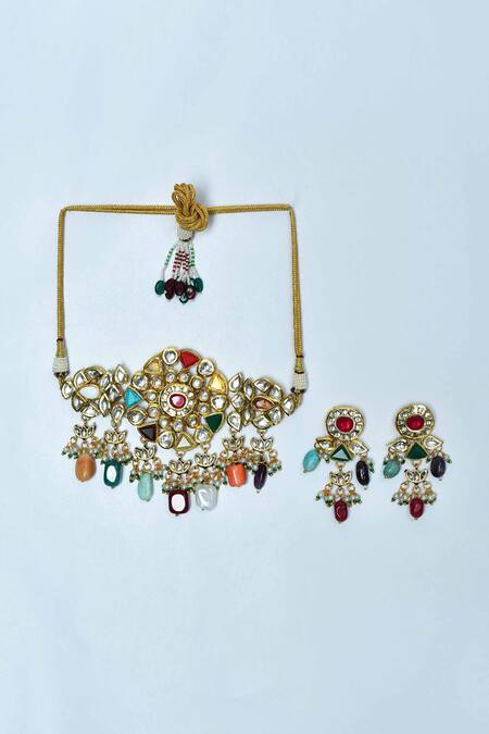 Buy_Auraa Trends_Multi Color Embellished Kundan Navratna Choker Necklace Set_Online_at_Aza_Fashions