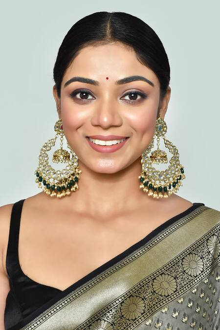 Shop_Auraa Trends_Gold Plated Beads, Diamonds Floral Pattern Kundan Embellished Chandbali _Online_at_Aza_Fashions