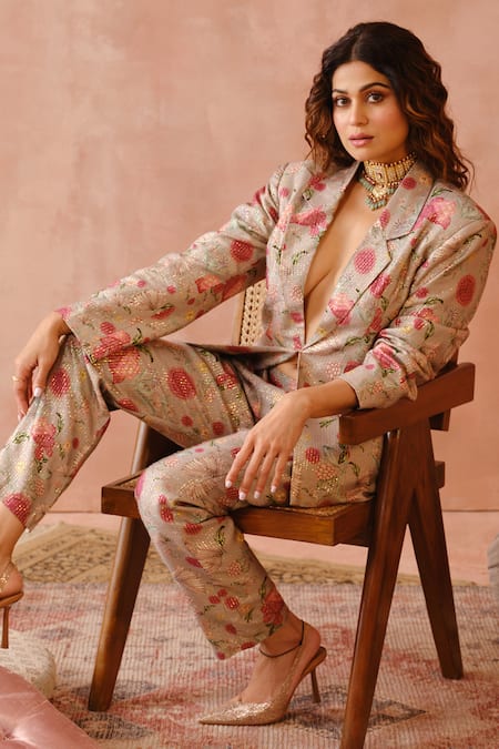 PS Pret by Payal Singhal Grey Lurex Printed Gulbaugh Lapel Collar Blazer And Pant Set  