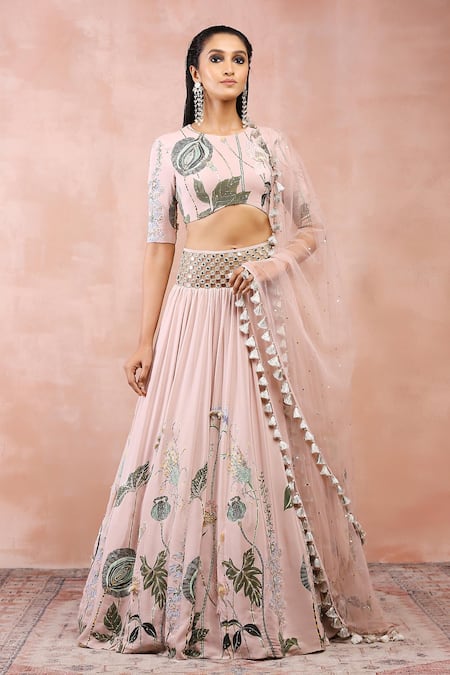 Buy_Payal Singhal_Pink Crepe, Muslin Cut Work, Beads, Gota Patti, Niloufar Print Lehenga Set _Online_at_Aza_Fashions