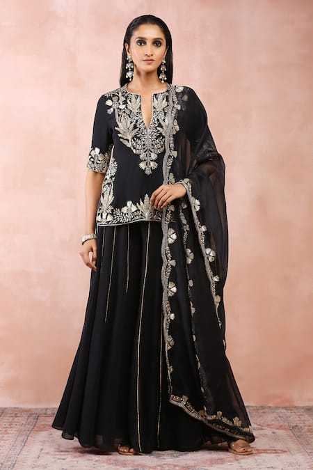 Buy_Payal Singhal_Black Georgette Embroidered Zari Notched Round Neck Bagh Kurta Sharara Set _Online_at_Aza_Fashions