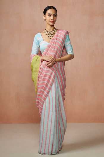 Dressfolk_Blue Linen Zari Light And Coral Stripe Saree With Running Blouse_Online_at_Aza_Fashions