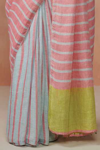 Buy_Dressfolk_Blue Linen Zari Light And Coral Stripe Saree With Running Blouse_Online_at_Aza_Fashions