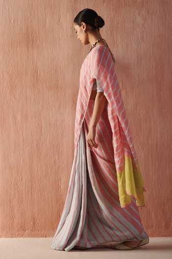 Shop_Dressfolk_Blue Linen Zari Light And Coral Stripe Saree With Running Blouse_Online_at_Aza_Fashions