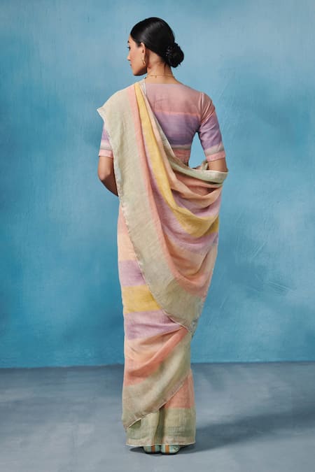 Shop Dressfolk Multi Color Linen Handloom Woven Saree With Running Blouse at Aza Fashions Shop_Dressfolk_Multi Color Linen Handloom Woven Saree With Running Blouse_at_Aza_Fashions