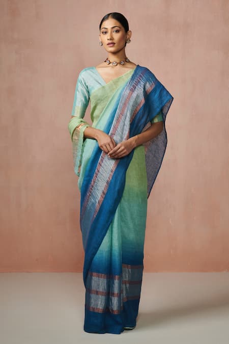 Dressfolk Summer Sea Linen Handloom Woven Saree 