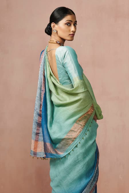 Shop Dressfolk Green Linen, Lurex Light Teal Stripe Woven Saree With Running Blouse at Aza Fashions Shop_Dressfolk_Green Linen, Lurex Light Teal Stripe Woven Saree With Running Blouse _at_Aza_Fashions