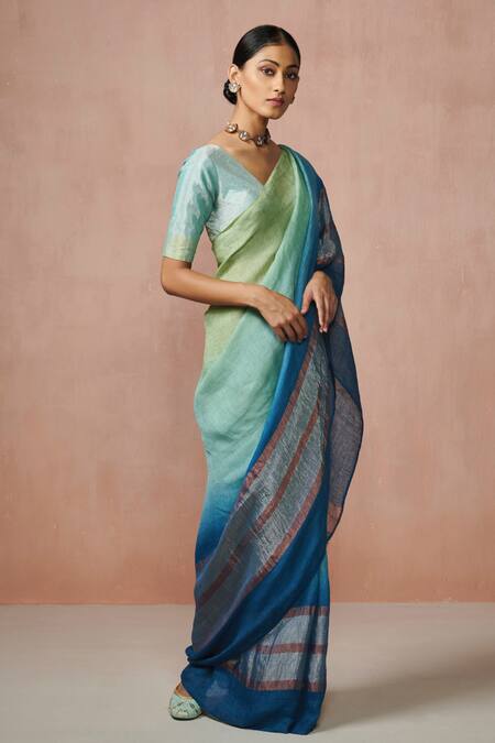 Dressfolk Green Linen, Lurex Light Teal Stripe Woven Saree With Running Blouse Online at Aza Fashions Dressfolk_Green Linen, Lurex Light Teal Stripe Woven Saree With Running Blouse _Online_at_Aza_Fashions