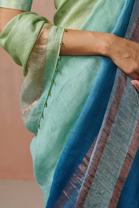 Buy Dressfolk Green Linen, Lurex Light Teal Stripe Woven Saree With Running Blouse Online at Aza Fashions Buy_Dressfolk_Green Linen, Lurex Light Teal Stripe Woven Saree With Running Blouse _Online_at_Aza_Fashions