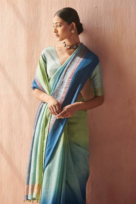 Shop Dressfolk Green Linen, Lurex Light Teal Stripe Woven Saree With Running Blouse Online at Aza Fashions Shop_Dressfolk_Green Linen, Lurex Light Teal Stripe Woven Saree With Running Blouse _Online_at_Aza_Fashions