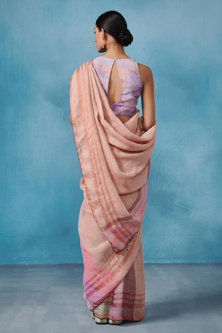Dressfolk Multi Color Linen Handloom Woven Saree with Running Blouse 
