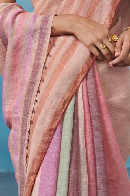 Dressfolk_Multi Color Linen Zari Handloom Woven Saree With Running Blouse _Online_at_Aza_Fashions