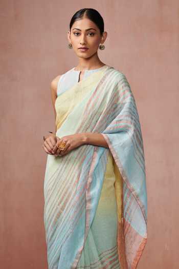 Dressfolk_Yellow Linen Zari Powder Handloom Woven Saree With Running Blouse_Online_at_Aza_Fashions