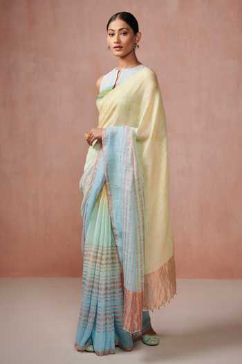 Shop_Dressfolk_Yellow Linen Zari Powder Handloom Woven Saree With Running Blouse_Online_at_Aza_Fashions