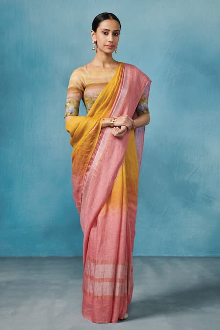 Dressfolk Tangerine Twist Linen Handloom Woven Saree 