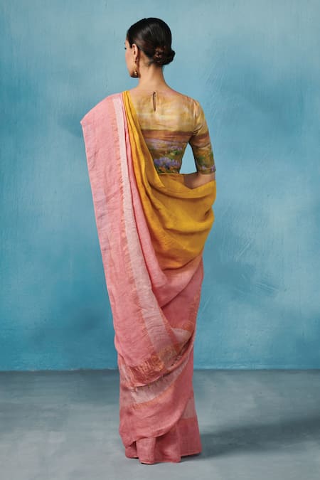Shop Dressfolk Yellow Linen Pink Stripe Woven Saree With Running Blouse at Aza Fashions Shop_Dressfolk_Yellow Linen Pink Stripe Woven Saree With Running Blouse _at_Aza_Fashions