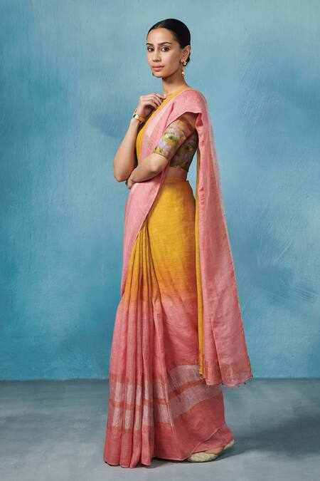 Dressfolk Yellow Linen Pink Stripe Woven Saree With Running Blouse Online at Aza Fashions Dressfolk_Yellow Linen Pink Stripe Woven Saree With Running Blouse _Online_at_Aza_Fashions