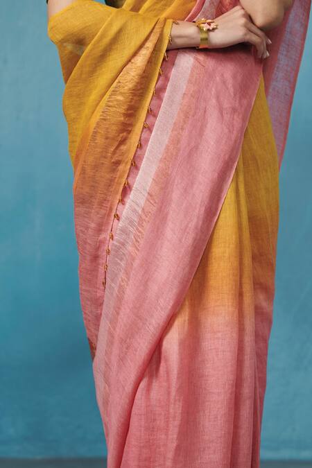Buy Dressfolk Yellow Linen Pink Stripe Woven Saree With Running Blouse Online at Aza Fashions Buy_Dressfolk_Yellow Linen Pink Stripe Woven Saree With Running Blouse _Online_at_Aza_Fashions